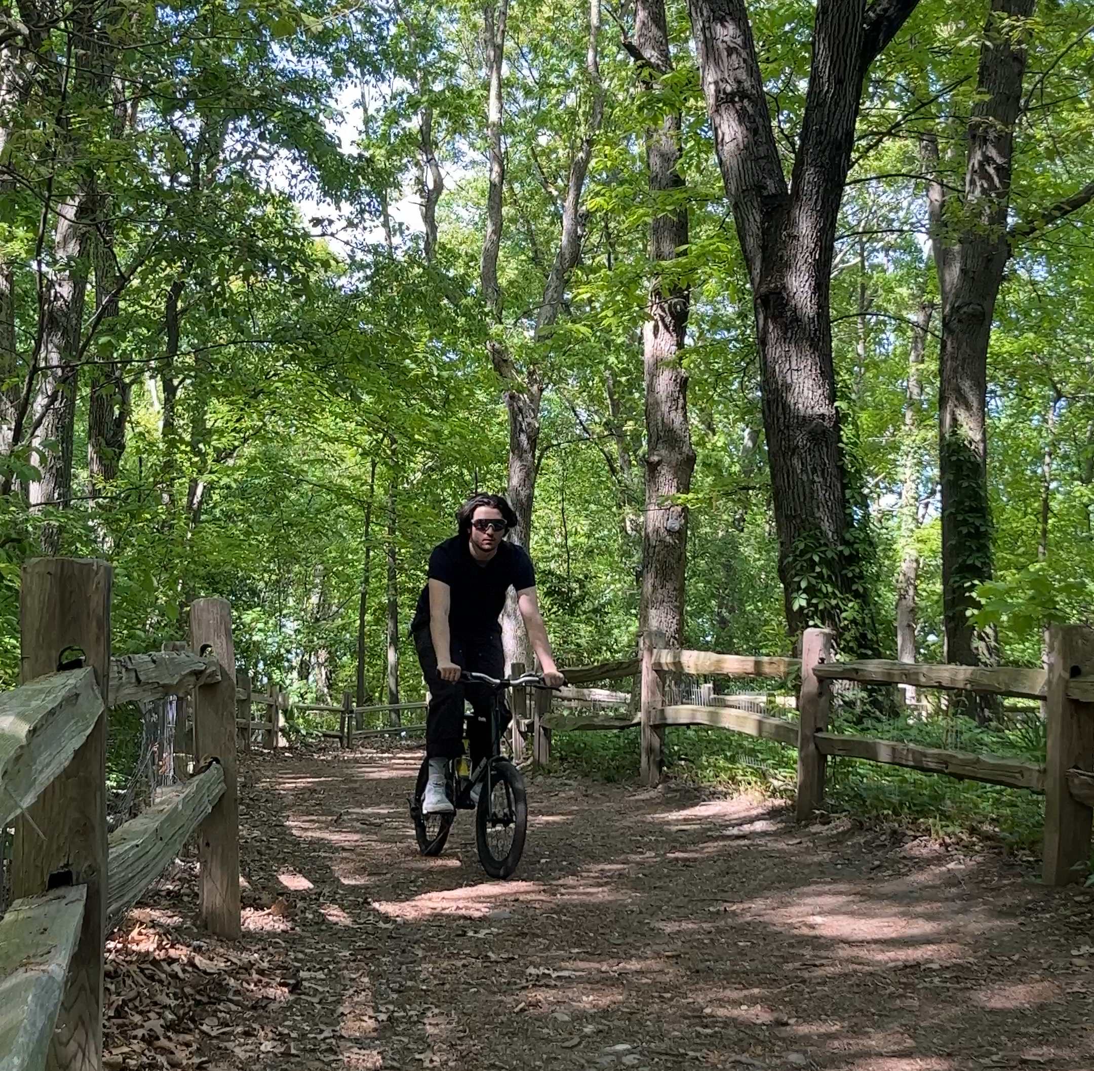 Riding Grabby Minicom on a forest trail